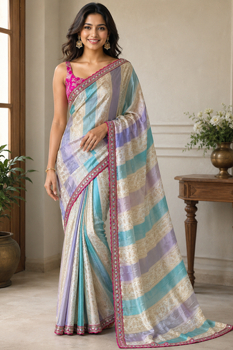 cream-pink sequin embroidery with cut lace silk saree