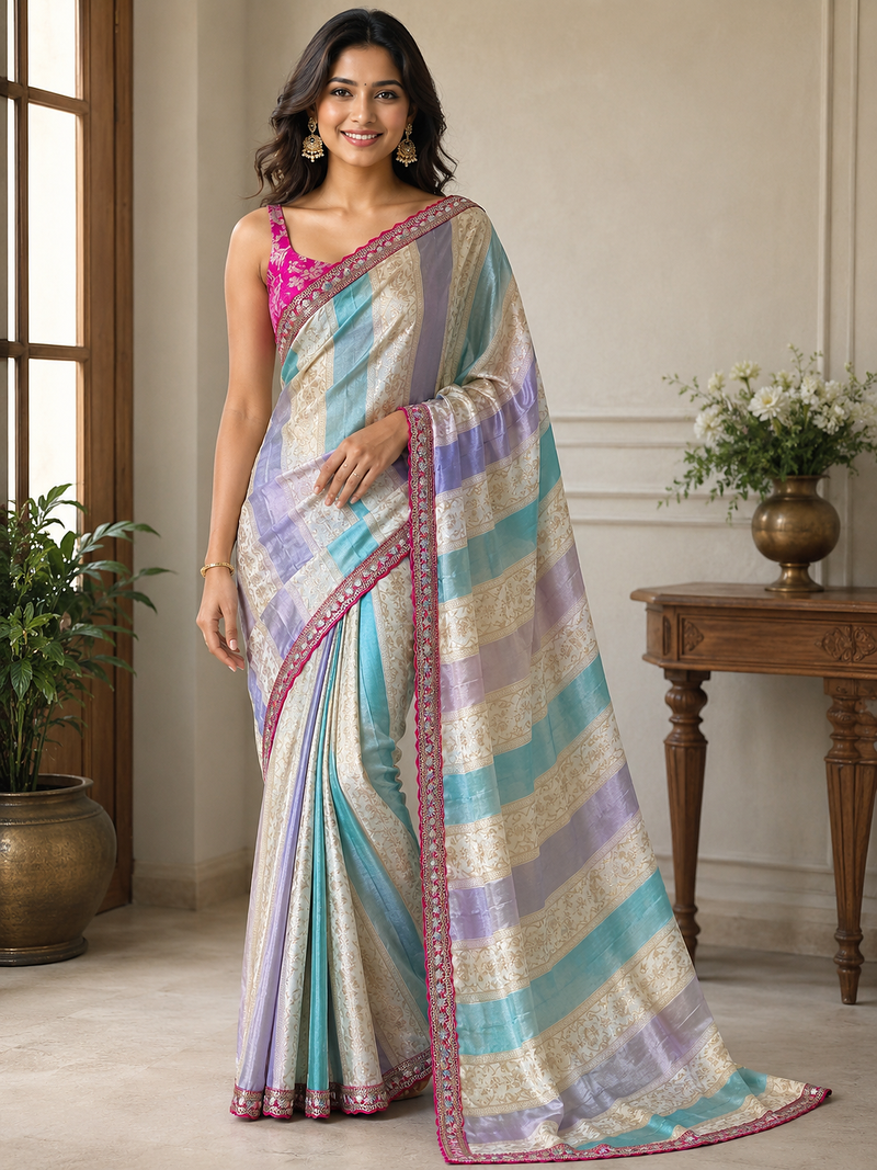 cream-pink sequin embroidery with cut lace silk saree