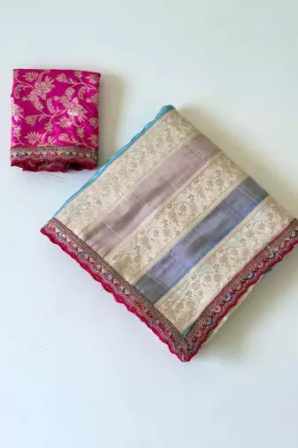 cream-pink sequin embroidery with cut lace silk saree