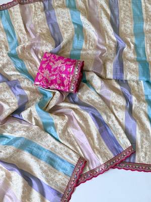 cream-pink sequin embroidery with cut lace silk saree 3