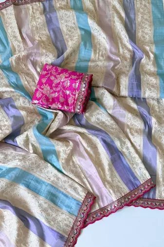 cream-pink sequin embroidery with cut lace silk saree