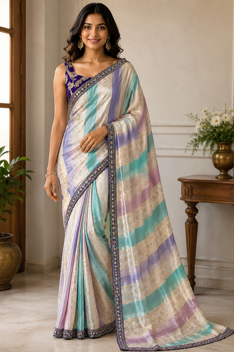 cream-dark purple sequin embroidery with cut lace silk saree