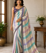 cream-dark purple sequin embroidery with cut lace silk saree