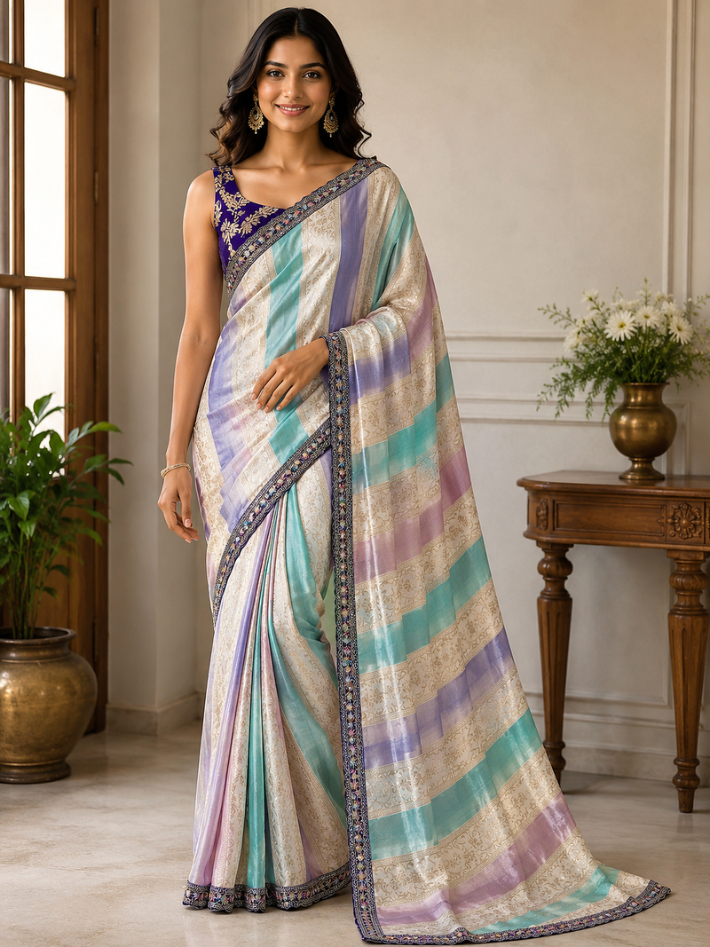 cream-dark purple sequin embroidery with cut lace silk saree