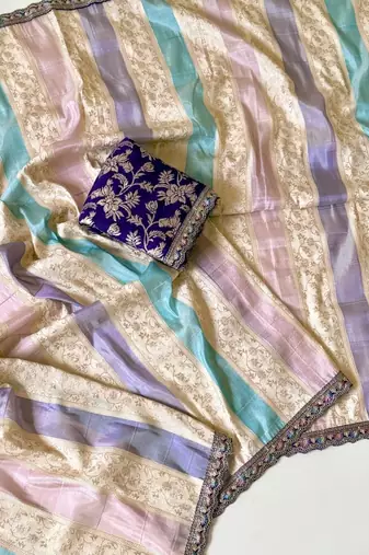 cream-dark purple sequin embroidery with cut lace silk saree