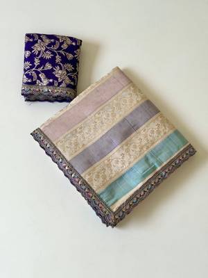 cream-dark purple sequin embroidery with cut lace silk saree 3