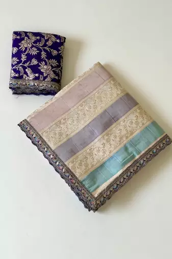 cream-dark purple sequin embroidery with cut lace silk saree