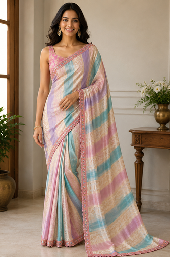 cream-baby pink sequin embroidery with cut lace silk saree