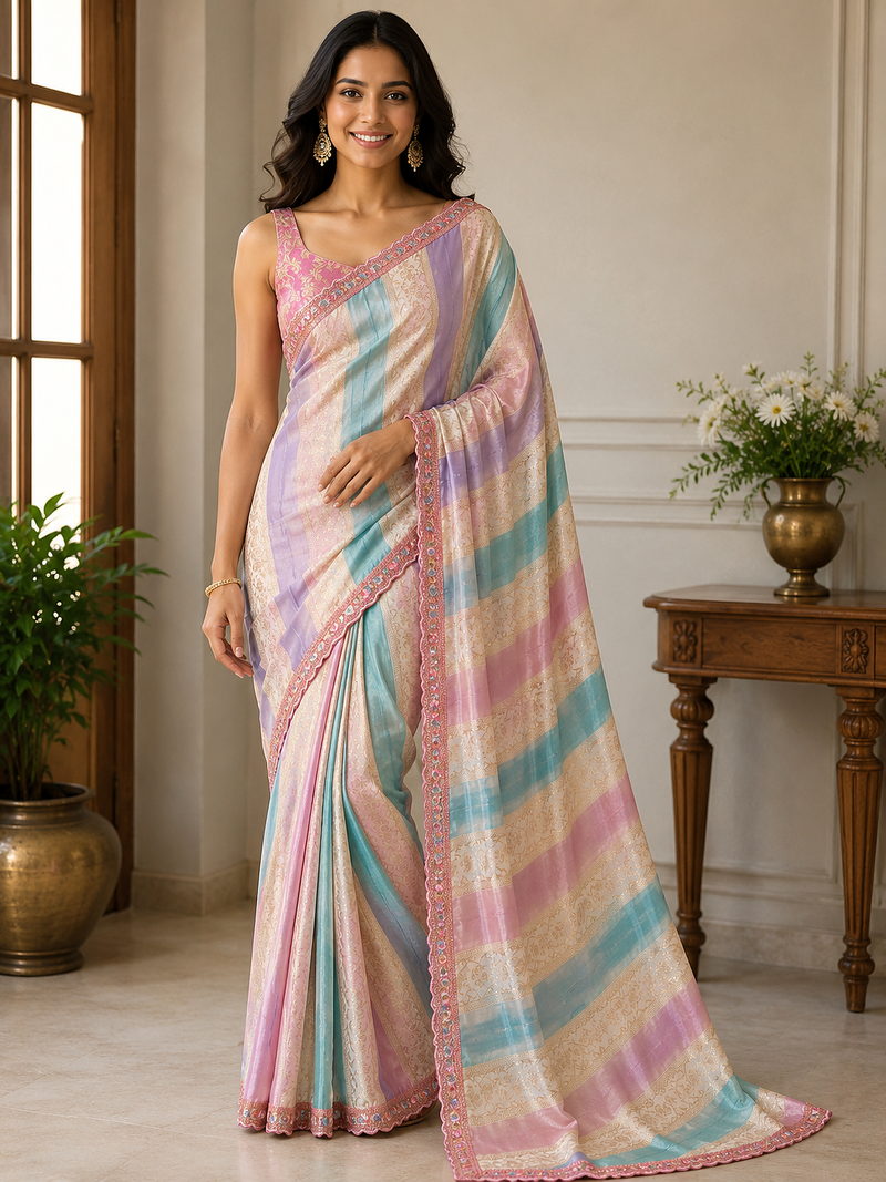 cream-baby pink sequin embroidery with cut lace silk saree