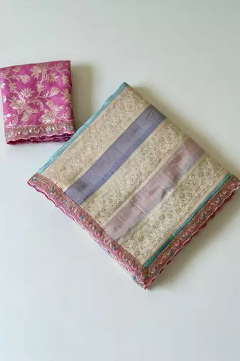 cream-baby pink sequin embroidery with cut lace silk saree