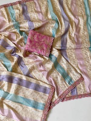 cream-baby pink sequin embroidery with cut lace silk saree 3
