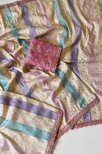 cream-baby pink sequin embroidery with cut lace silk saree