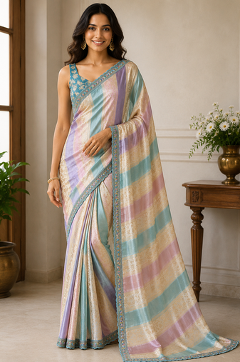 cream-sky blue sequin embroidery with cut lace silk saree