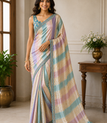 cream-sky blue sequin embroidery with cut lace silk saree