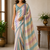 cream-sky blue sequin embroidery with cut lace silk saree