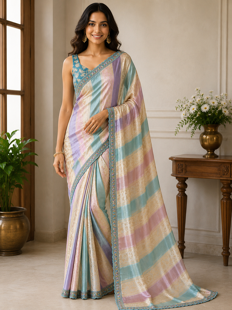 cream-sky blue sequin embroidery with cut lace silk saree