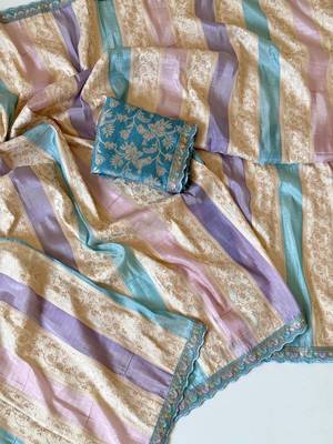 cream-sky blue sequin embroidery with cut lace silk saree 2