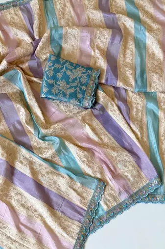 cream-sky blue sequin embroidery with cut lace silk saree