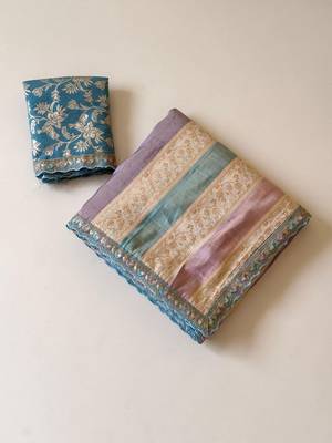 cream-sky blue sequin embroidery with cut lace silk saree 3
