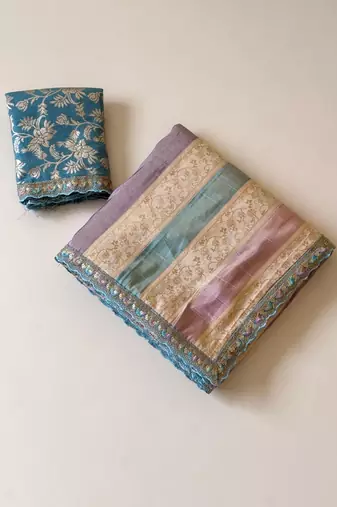 cream-sky blue sequin embroidery with cut lace silk saree