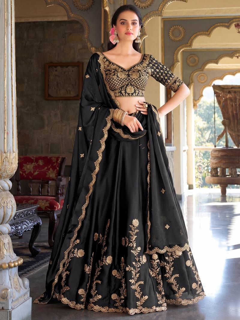 Black Embroidered Designer Lehenga Choli with Dupatta