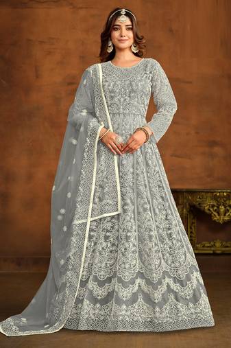 GREY HEAVY WORK NET GOWN 