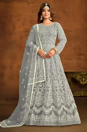 GREY HEAVY WORK NET GOWN 