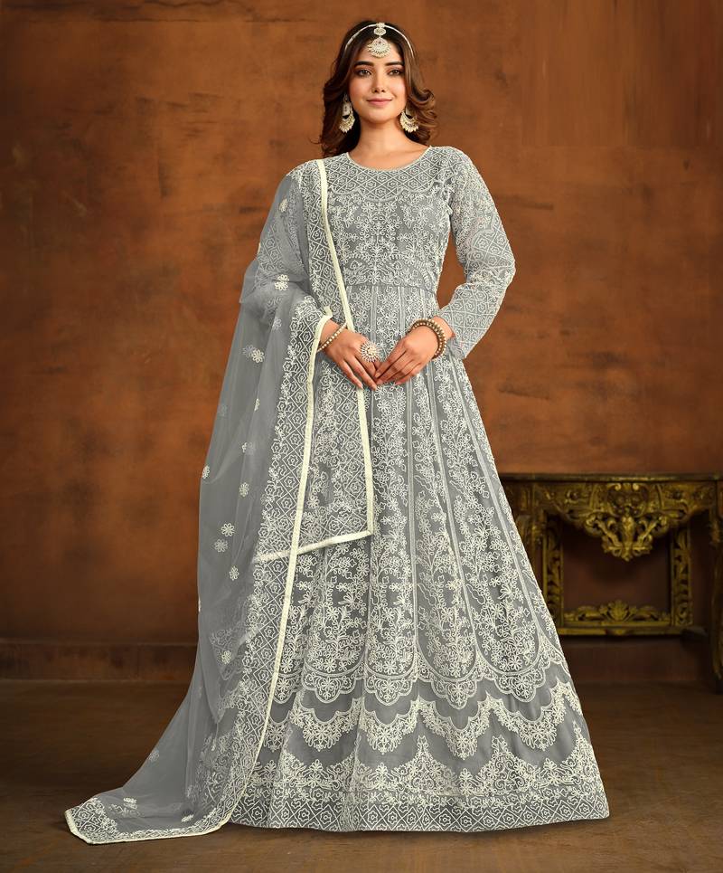 GREY HEAVY WORK NET GOWN 