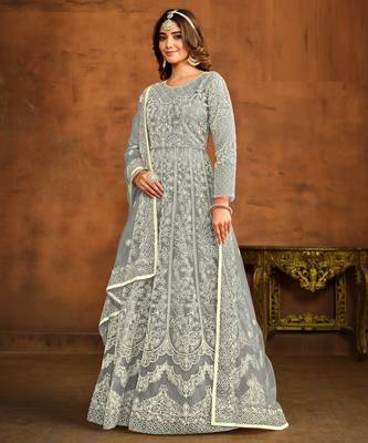 GREY HEAVY WORK NET GOWN  2
