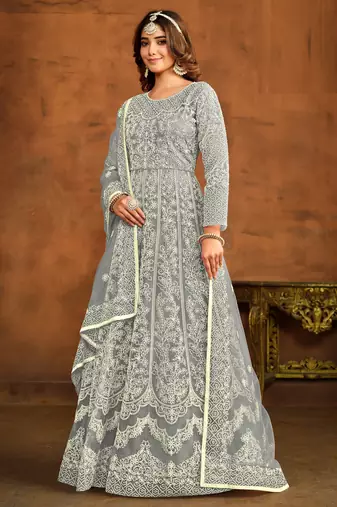GREY HEAVY WORK NET GOWN 