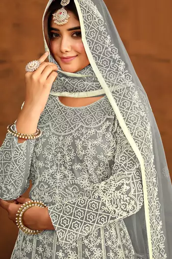 GREY HEAVY WORK NET GOWN 