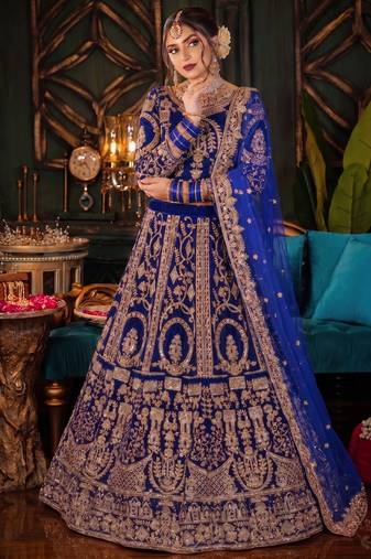 DESIGNER BLUE VELVET FABRIC WEDDING BRIDAL LEHENGA CHOLI SEMI STITCHED