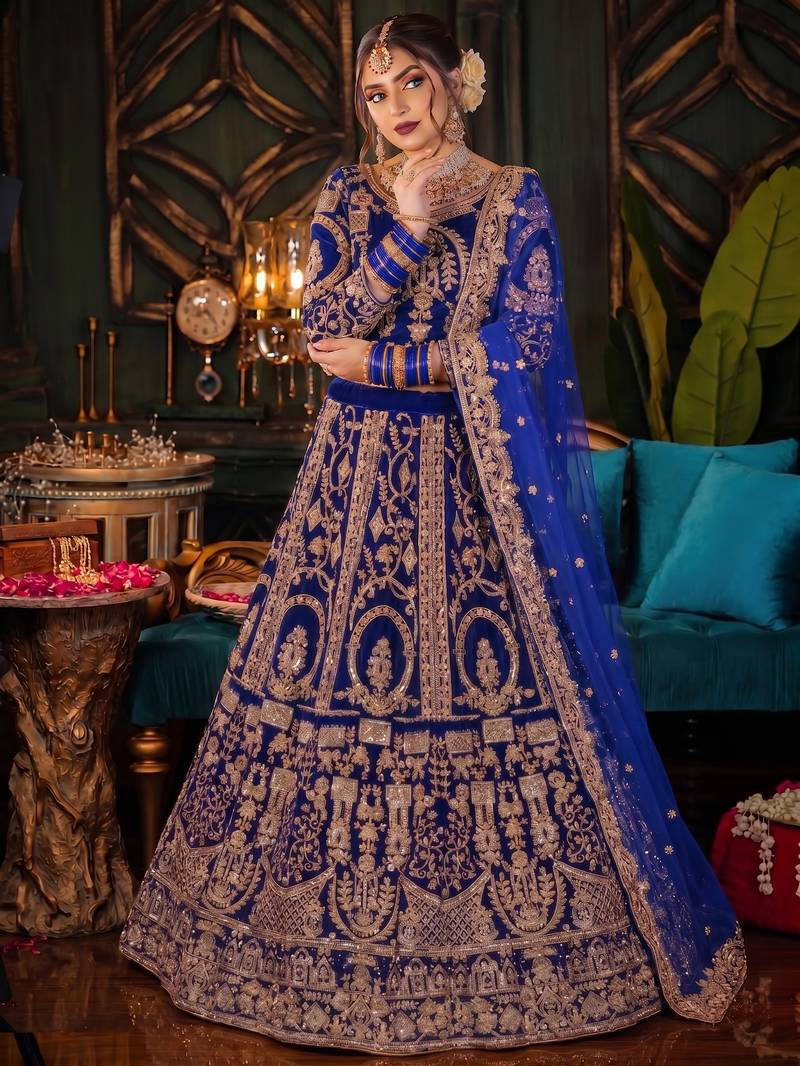 DESIGNER BLUE VELVET FABRIC WEDDING BRIDAL LEHENGA CHOLI SEMI STITCHED
