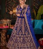 DESIGNER BLUE VELVET FABRIC WEDDING BRIDAL LEHENGA CHOLI SEMI STITCHED