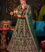 DESIGNER GREEN VELVET FABRIC WEDDING BRIDAL LEHENGA CHOLI SEMI STITCHED