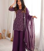 wine silk blend embroidered kurta palazzo dupatta set