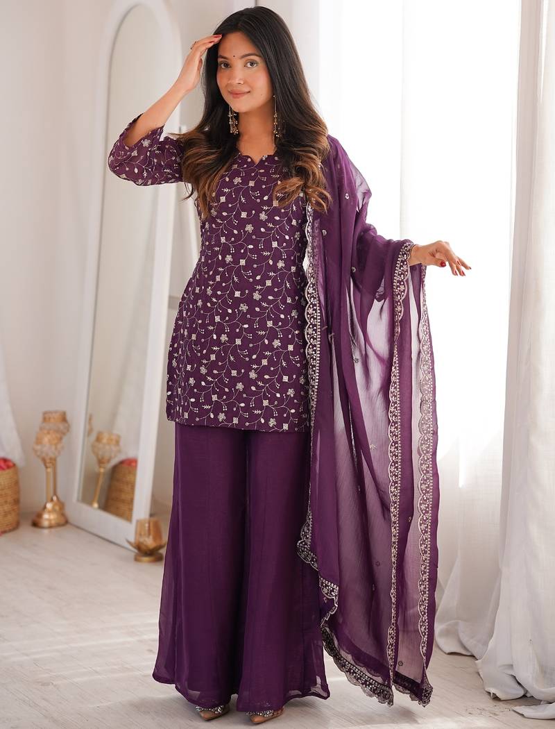 wine silk blend embroidered kurta palazzo dupatta set