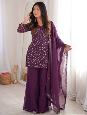 wine silk blend embroidered kurta palazzo dupatta set 2