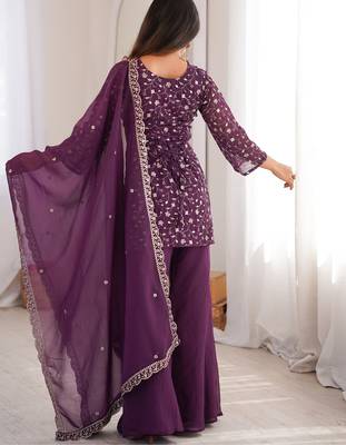 wine silk blend embroidered kurta palazzo dupatta set 3