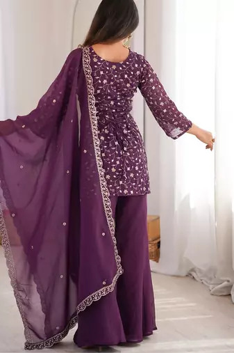 wine silk blend embroidered kurta palazzo dupatta set
