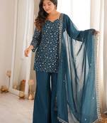 Teal silk blend embroidered kurta palazzo dupatta set