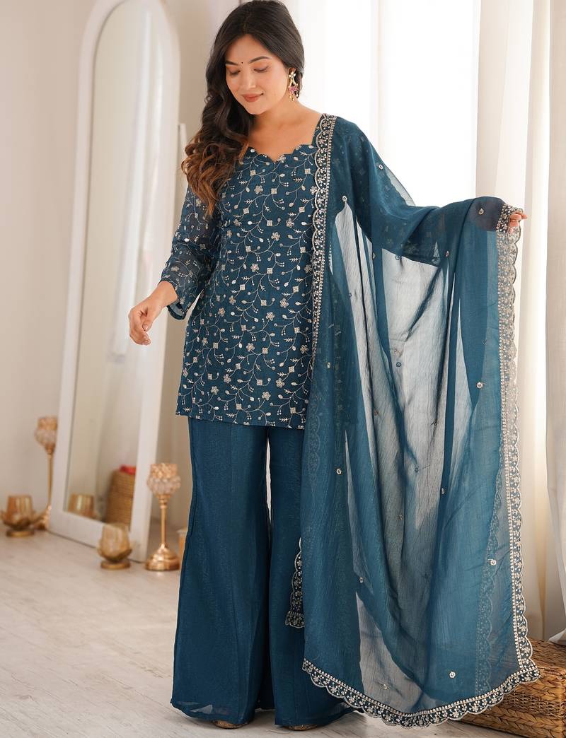 Teal silk blend embroidered kurta palazzo dupatta set