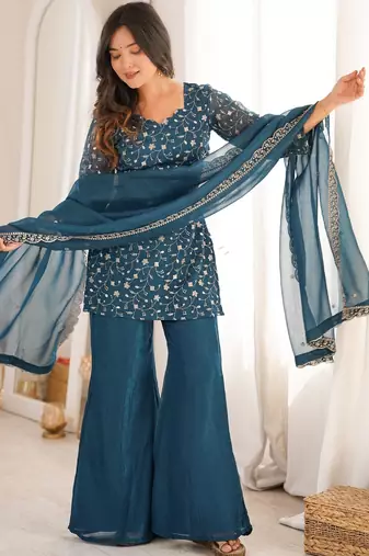 Teal silk blend embroidered kurta palazzo dupatta set