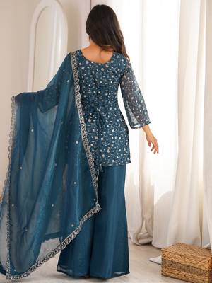 Teal silk blend embroidered kurta palazzo dupatta set 3