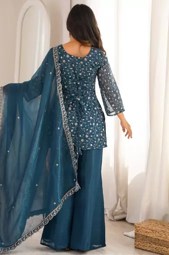 Teal silk blend embroidered kurta palazzo dupatta set