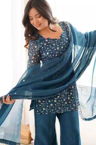 Teal silk blend embroidered kurta palazzo dupatta set