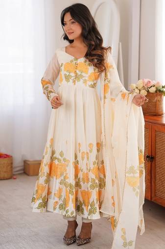 cream floral print organza silk blend anarkali suit with dupatta and pant