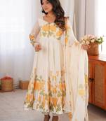 cream floral print organza silk blend anarkali suit with dupatta and pant
