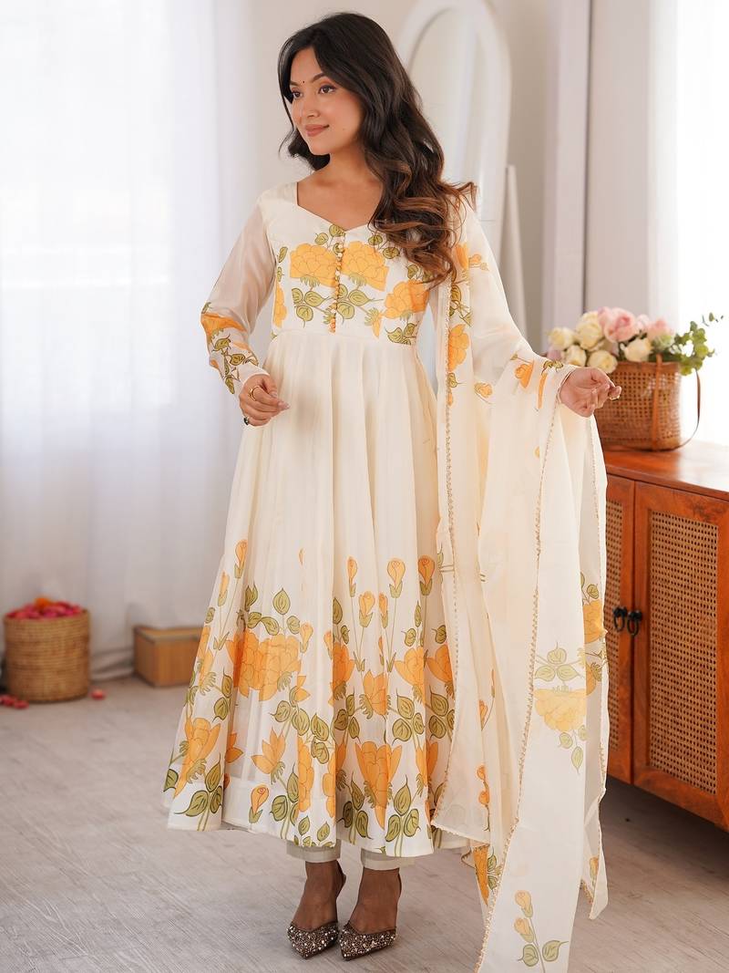 cream floral print organza silk blend anarkali suit with dupatta and pant