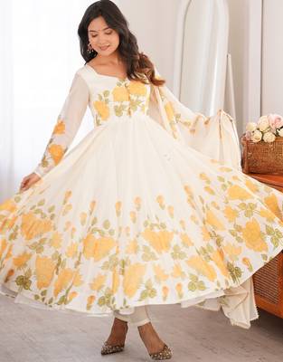 cream floral print organza silk blend anarkali suit with dupatta and pant 2